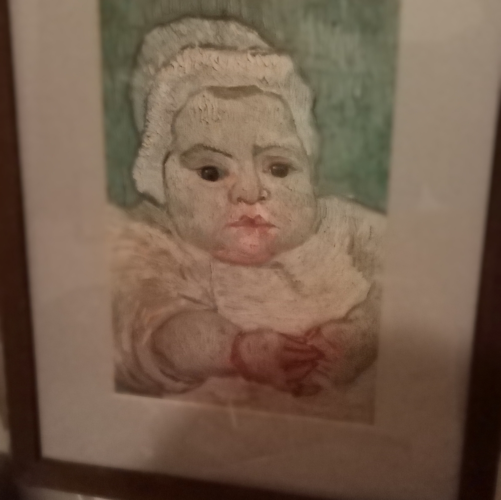 The baby Marcelle Roulin picture in a wooden frame vintage don't be a shame to a